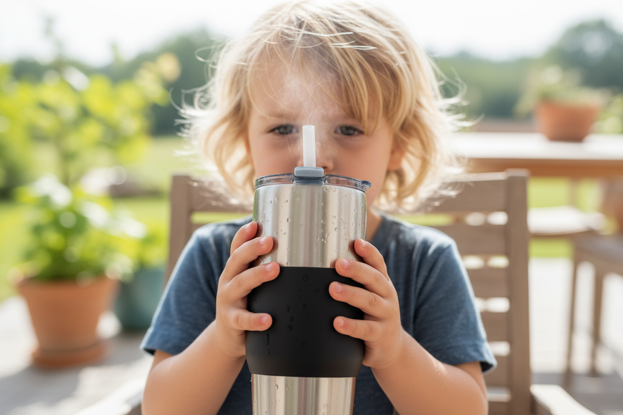 欧美小孩儿用保温杯喝水，突出保温杯