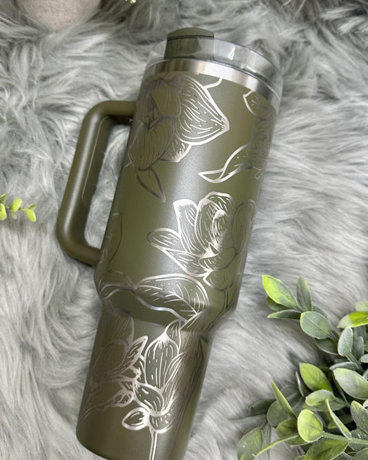 Magnolia Engraved Stanley Tumbler 40 oz, Full Wrap Floral Design