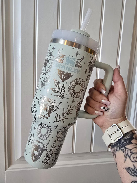 Engraved Highland Cow Sunflower Stanley Tumbler | Personalized Gift-40OZ