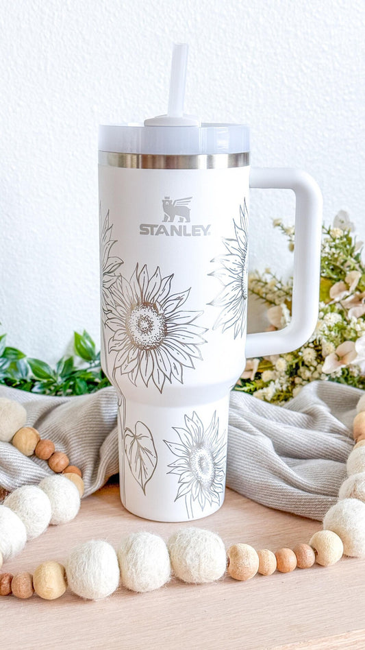 Sunflower Engraved 40oz Tumbler | Stanley Quencher | With Handle Lid and Straw | Insulated Engraved Cup | Travel Mug | Gifts for Her