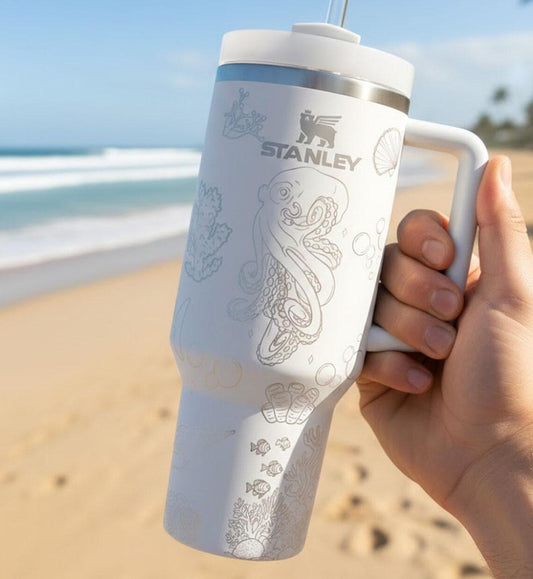 Ocean Creatures 40oz Tumbler Laser Engraved, Sea Life Stainless Steel Cup